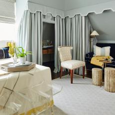 Blue Traditional Bedroom With Lucite Stools