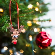 Upcycled Puzzle Piece Reindeer Ornament