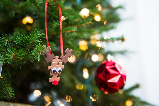 Upcycled Puzzle Piece Reindeer Ornament