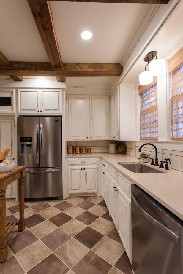 White French Country Kitchen with Brown Tile Floors | HGTV