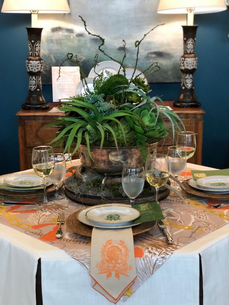 Fall Tablescape with China and Linens in a Turkey Motif and a Succulent Centerpiece