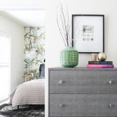 Gray Dresser and Bedroom View