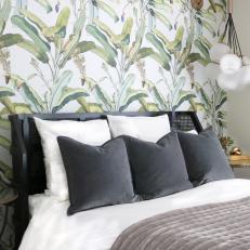 Eclectic Small Bedroom With Leaf Wallpaper