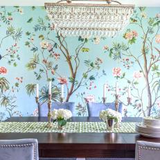 Blue Dining Room With Floral Mural