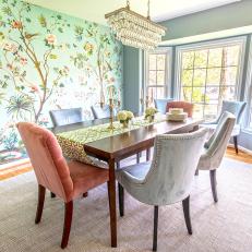 Blue Dining Room With Floral Wallpaper