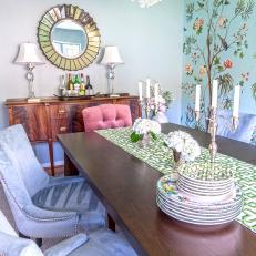 Blue Formal Dining Room With Green Runner