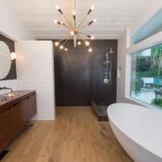 Midcentury Modern Spa Bathroom With Wood Floor