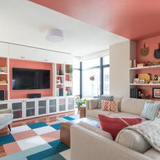 Contemporary Living Room Complete With Coral + Teal Rug