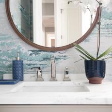 Contemporary Powder Room With Wave-Patterned Wallpaper