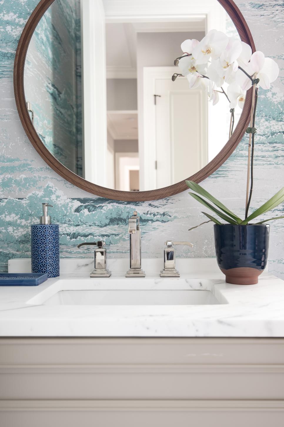 Contemporary Powder Room With Wave-Patterned Wallpaper | HGTV