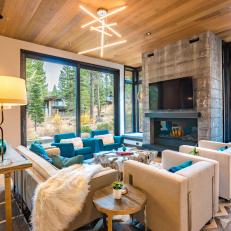 Rustic Modern Living Room With Blue Chairs