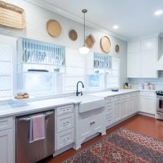 Country White Kitchen with White Tile Backsplash 