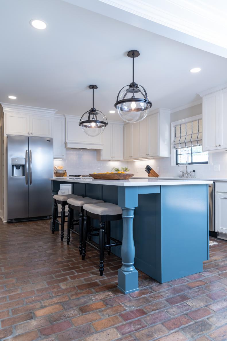 White Kitchen with Blue Island , White Countertops, White Cabinets