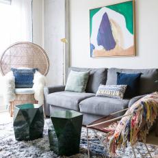 Eclectic Multicolored Living Room With Shag Rug