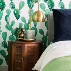 Wood Nightstand and Cactus Wallpaper