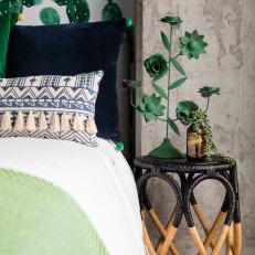 Green Eclectic Bedroom With Woven Nightstand