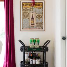Black Bar Cart and Red Curtains