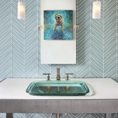 Contemporary Powder Room With Gray-and-White Wallpaper