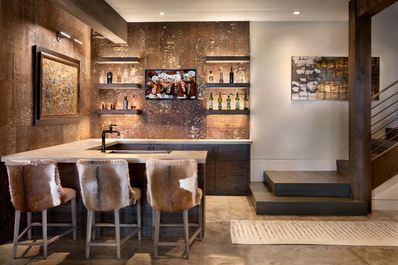 modern bar with wood accent wall
