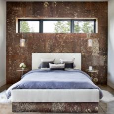 Modern Guest Bedroom With Raw Wood Accent Wall