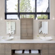 Modern Primary Bathroom With Sleek Wood Vanity