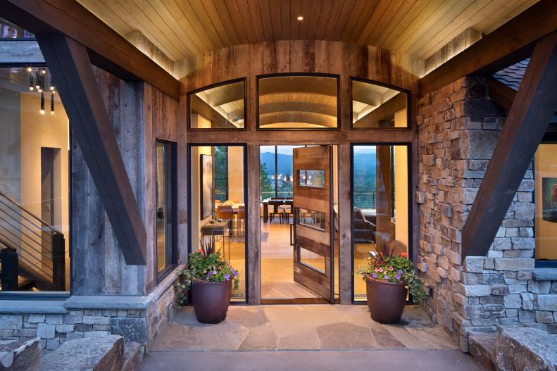 mountain-modern home with stone walls