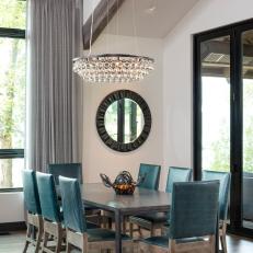 Lake House Dining Space Pairs Wood Table, Blue-Cushioned Chairs