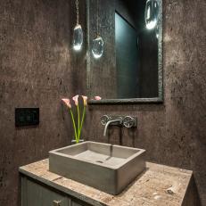Transitional Powder Room Shines With Metallic Wall Treatment