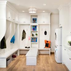 Transitional Mudroom With Cubbies, Stacked Washer/Dryer
