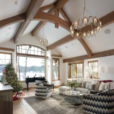 Transitional Living Room Boasts Soaring Ceilings, Lake Views