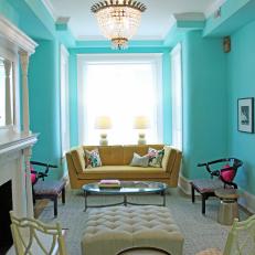 Blue Eclectic Living Room With Yellow Sofa