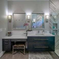 Gray Primary Bathroom With Dressing Table