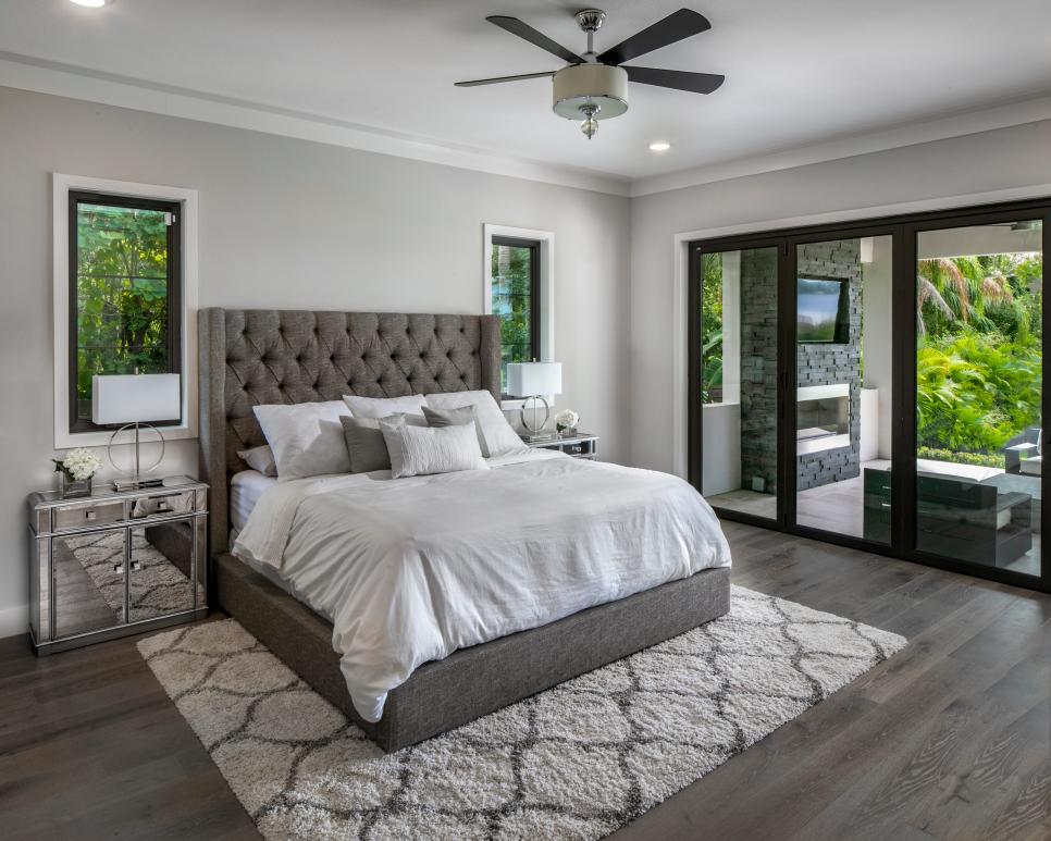 Gray Art Deco Master Bedroom and Patio | HGTV