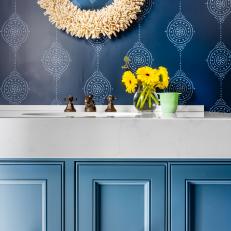 Blue Powder Room With Yellow Flowers