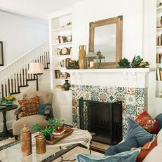 Contemporary White Living Room with Multicolor Tile Fireplace 