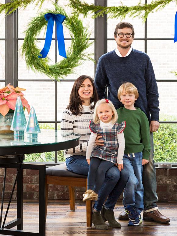 The LaRoche family in their warm and woodsy kitchen.