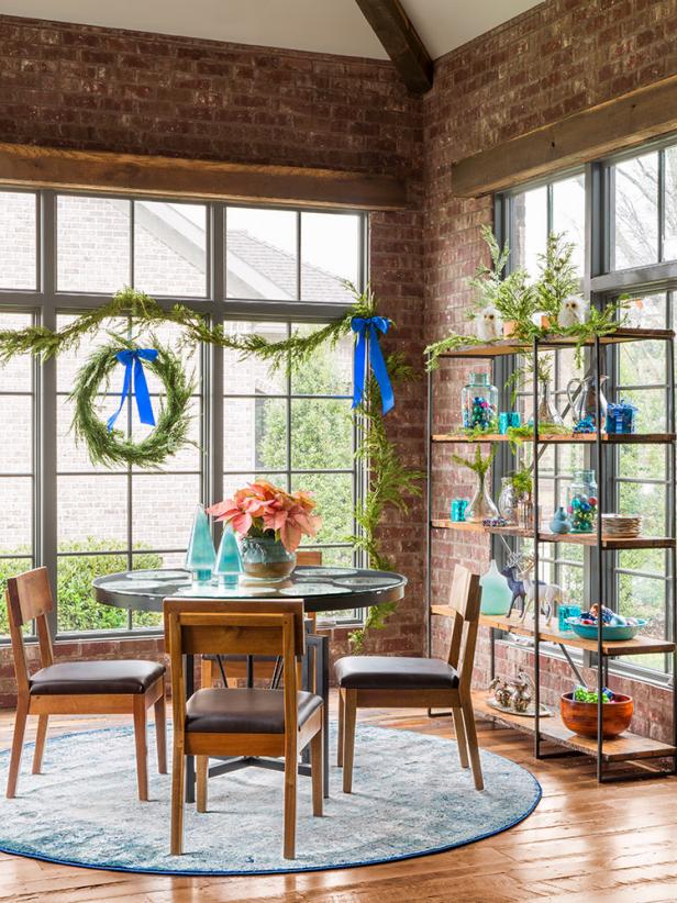 The breakfast nook in the LaRoche's warm and woody kitchen.