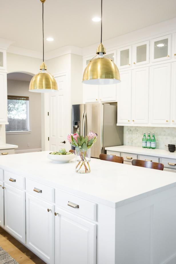 White Kitchen With Brass Pendants | HGTV