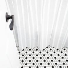 Gray Striped Shower Curtain and Mosaic Floor
