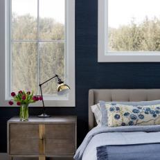 Blue Transitional Bedroom With Floral Pillow