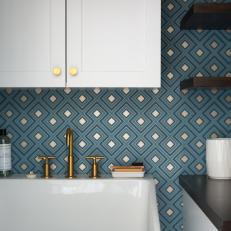 Laundry Room With Blue Graphic Wallpaper