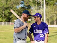 Ben Napier (L) and Jason Pickens (R) are on the field with the Emeralds youth team in Laurel, Mississippi swinging their newly turned baseball bats.  Ben and Jason talk about how they did during the game. (action)