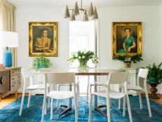 Blue Dining Room Rug Ties in to Art and Accessories