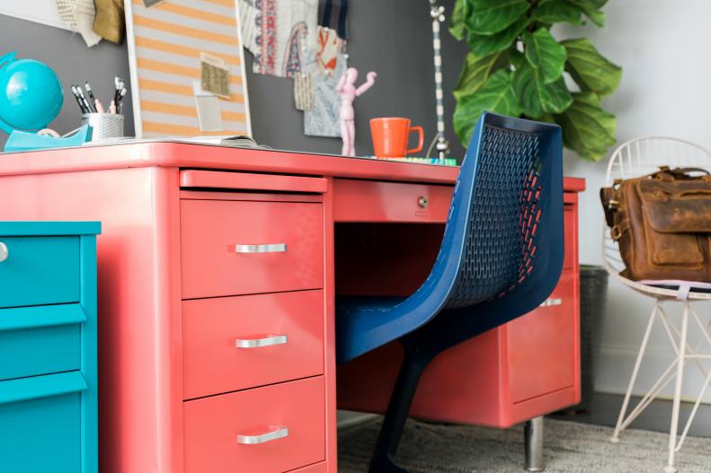 Metal Desk in a Bright Coral Hue