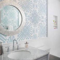 Bathroom With Graphic Gray Wallpaper