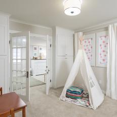 Contemporary White Playroom with White French Doors 