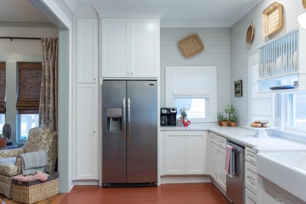 Contemporary White Kitchen with White Beadboard Walls | HGTV