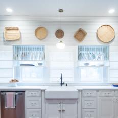 Contemporary White Kitchen with White Beadboard Ceiling 