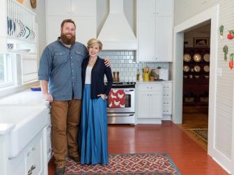 As seen on Home Town, Hosts Ben and Erin Napier in the kitchen before the reveal of the renovated Rahaim residence. (portrait)