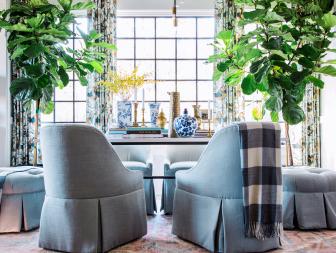 Blue Upholstered Dining Chairs Paired With Ottomans
